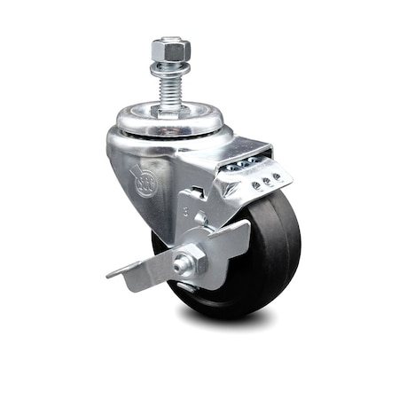 Service Caster 3.5 Inch Soft Rubber Wheel Swivel 1/2 Inch Threaded Stem Caster with Brake SCC SCC-TS20S3514-SRS-TLB-121315